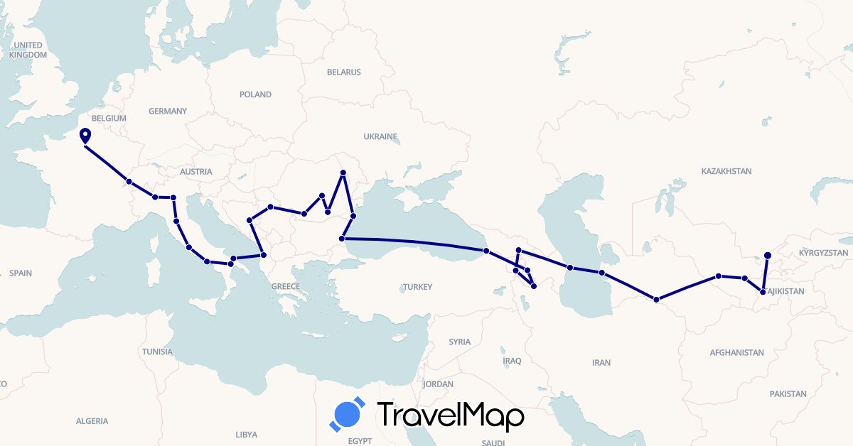 TravelMap itinerary: driving in Albania, Armenia, Azerbaijan, Bosnia and Herzegovina, Bulgaria, Switzerland, France, Georgia, Italy, Romania, Serbia, Tajikistan, Turkmenistan, Uzbekistan (Asia, Europe)